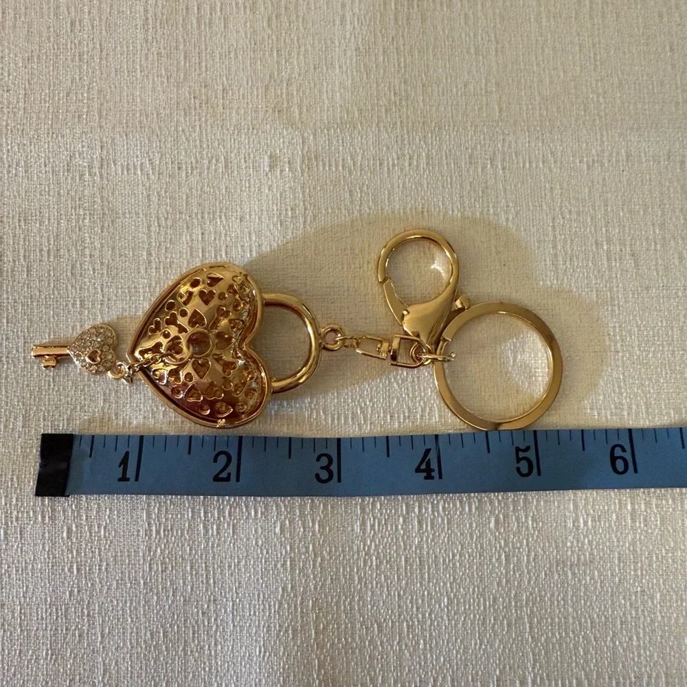 Gold Tone and Pink Heart Love Lock Purse Charm & Key Crystal Keyring